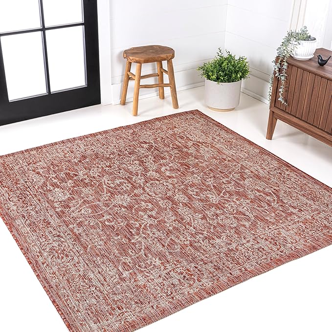 JONATHAN Y Weave Floral Indoor Outdoor Square Area Rug 5X5 Red/Taupe, Tela Bohemian Textured for Backyard, Patio, Porch, Easy-Cleaning, High Traffic, Pet-Friendly, Non-Shedding (SMB100A-5SQ)