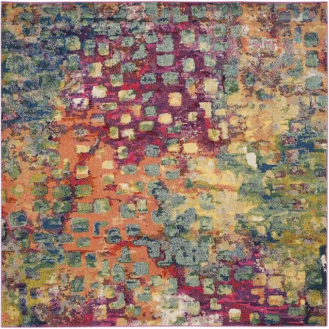 SAFAVIEH Monaco Collection Area Rug - 5' Square, Pink & Multi, Boho Chic Abstract Watercolor Design, Non-Shedding & Easy Care, Ideal for High Traffic Areas in Living Room, Bedroom (MNC225D)