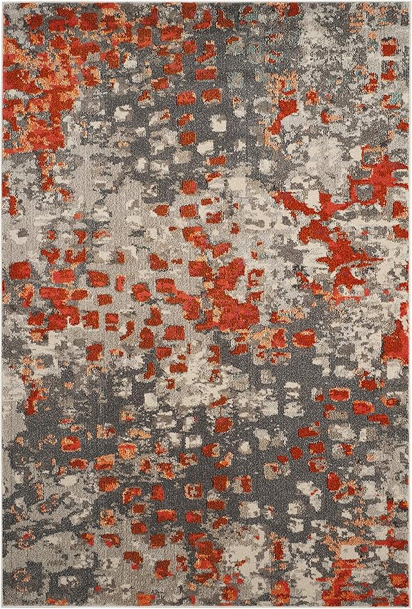 SAFAVIEH Monaco Collection Area Rug - 5'1" x 7'7", Grey & Orange, Boho Chic Abstract Watercolor Design, Non-Shedding & Easy Care, Ideal for High Traffic Areas in Living Room, Bedroom (MNC225H)