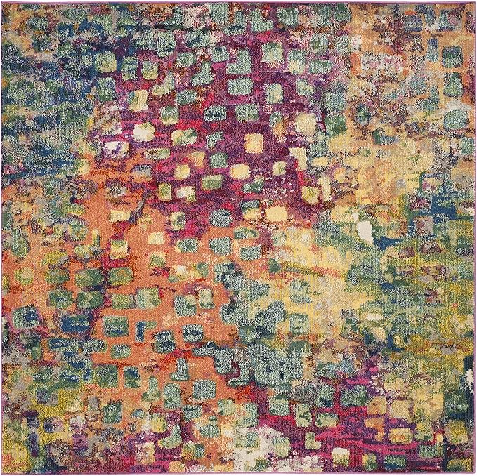 SAFAVIEH Monaco Collection Area Rug - 6'7" Square, Pink & Multi, Boho Chic Abstract Watercolor Design, Non-Shedding & Easy Care, Ideal for High Traffic Areas in Living Room, Bedroom (MNC225D)