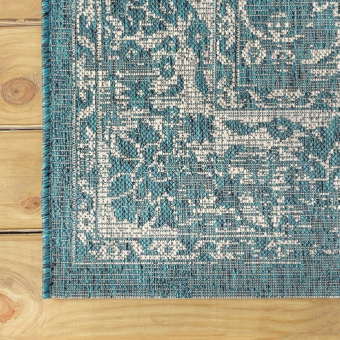 JONATHAN Y Weave Floral Indoor Outdoor Round Area Rug 5 Ft Teal/Gray, Tela Bohemian Textured for Backyard, Patio, Porch, Easy-Cleaning, High Traffic, Pet-Friendly, Non-Shedding (SMB100C-5R)