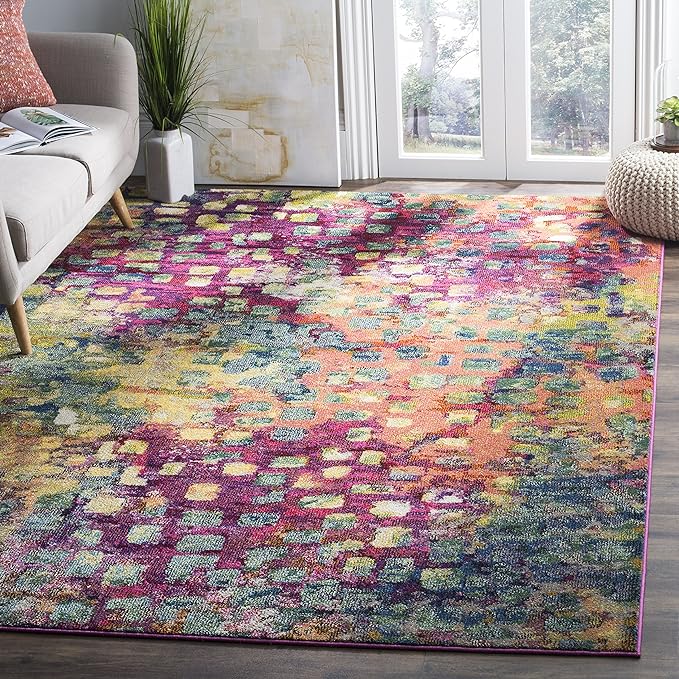 SAFAVIEH Monaco Collection Area Rug - 6'7" x 9'2", Pink & Multi, Boho Chic Abstract Watercolor Design, Non-Shedding & Easy Care, Ideal for High Traffic Areas in Living Room, Bedroom (MNC225D)