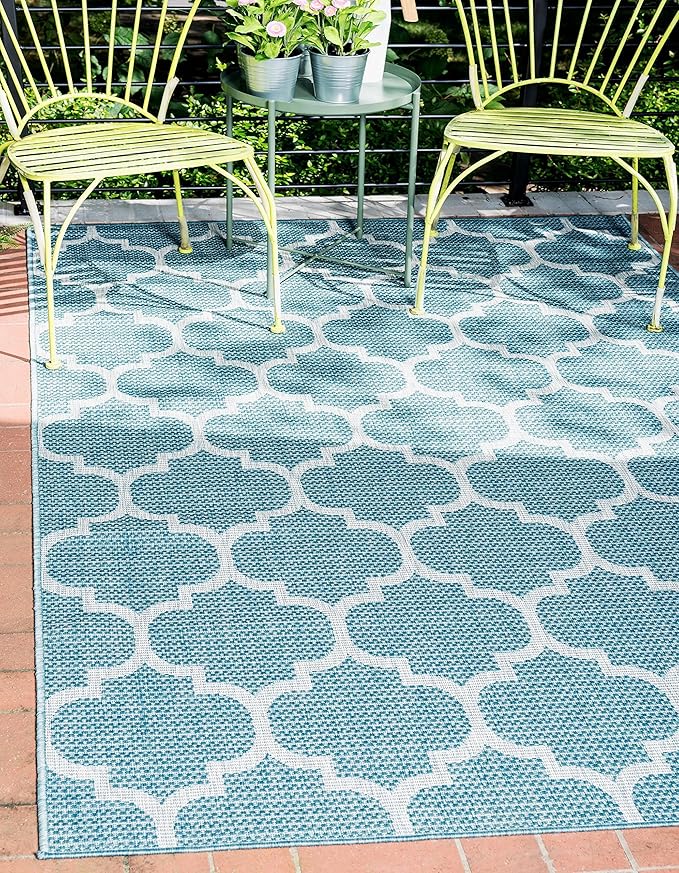 Unique Loom Outdoor Trellis Collection Area Rug (6' 1" x 9' Rectangle, Aquamarine/ Gray)