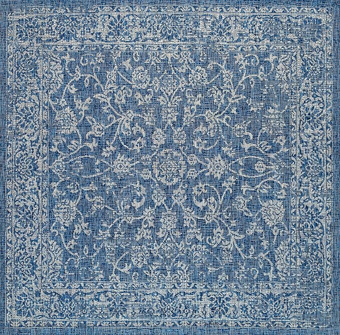 JONATHAN Y Weave Floral Indoor Outdoor Square Area Rug 4X4 Navy/Gray, Tela Bohemian Textured for Backyard, Patio, Porch, Easy-Cleaning, High Traffic, Pet-Friendly, Non-Shedding (SMB100B-4SQ)