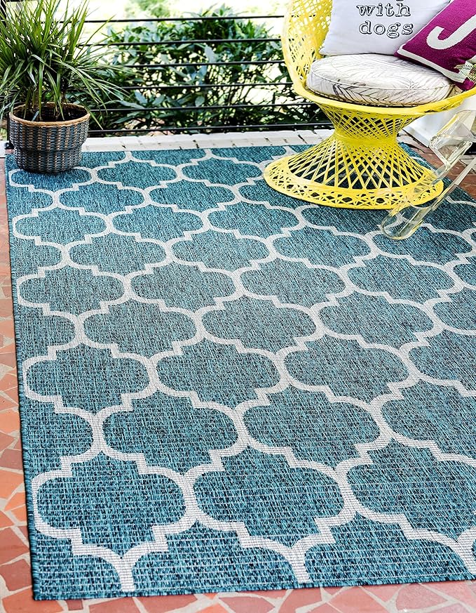 Unique Loom Outdoor Trellis Collection Area Rug (6' 1" x 9' Rectangle, Teal/ Gray)
