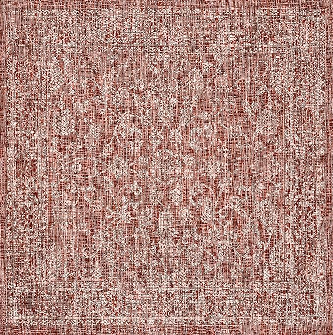 JONATHAN Y Weave Floral Indoor Outdoor Square Area Rug 3X3 Red/Taupe, Tela Bohemian Textured for Backyard, Patio, Porch, Easy-Cleaning, High Traffic, Pet-Friendly, Non-Shedding (SMB100A-3SQ)