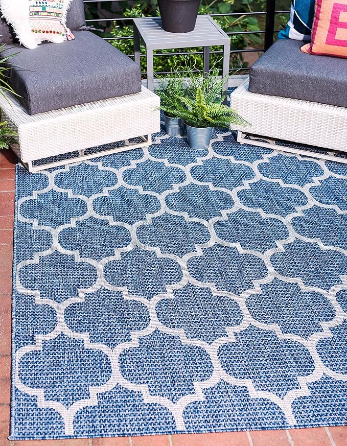 Unique Loom Outdoor Trellis Collection Area Rug (5' 3" x 8' Rectangle, Navy Blue/ Ivory)